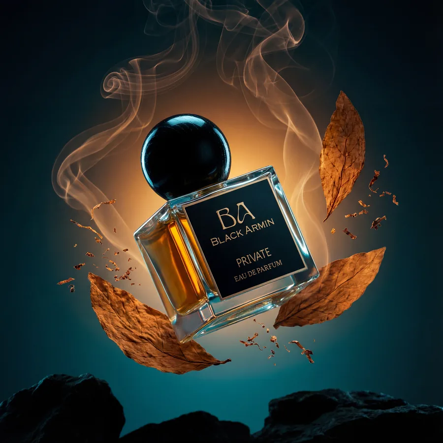 Private bottle with tobacco leaf and smoke