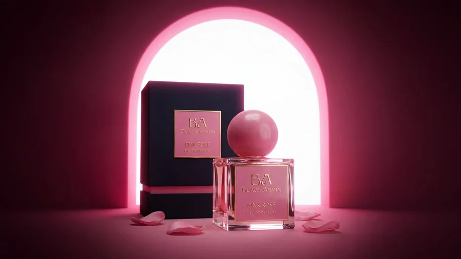 Pink Rose bottle with packaging in a dark red set
