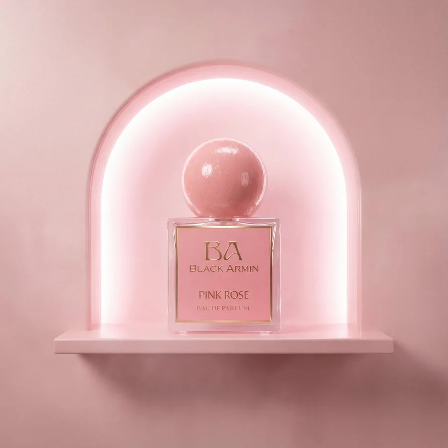 Pink Rose bottle on a pale pink shelf