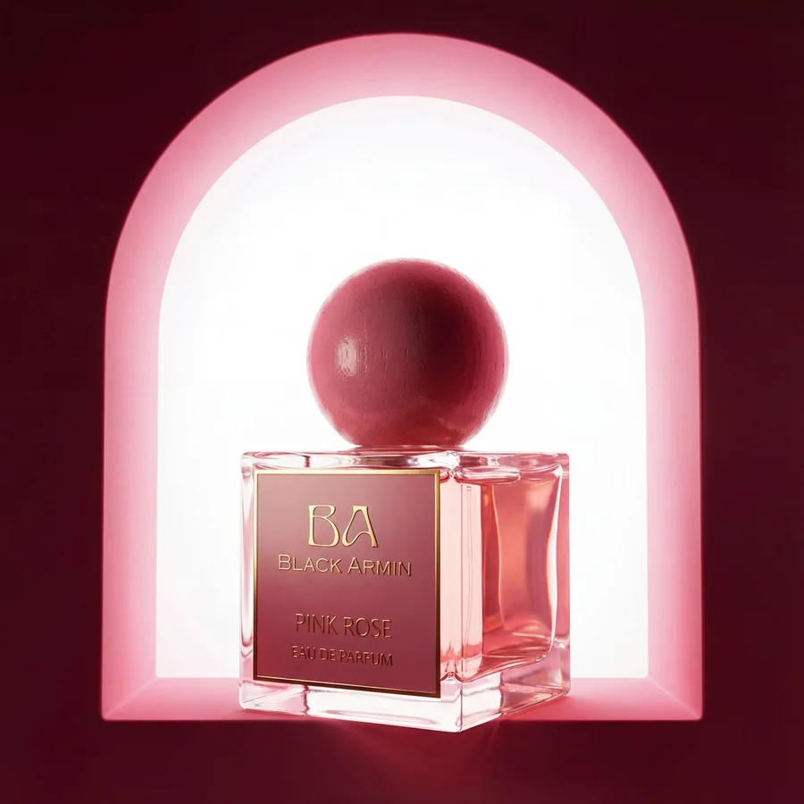 Pink Rose bottle in a glowing arch niche