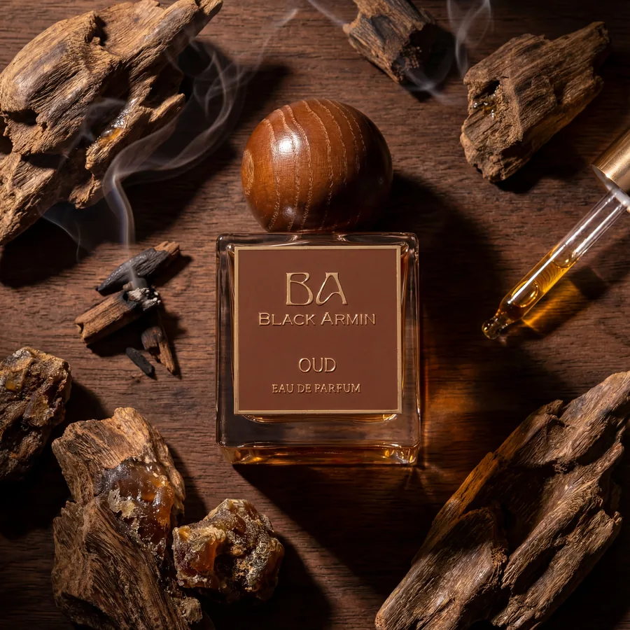 Oud bottle framed by carved stone