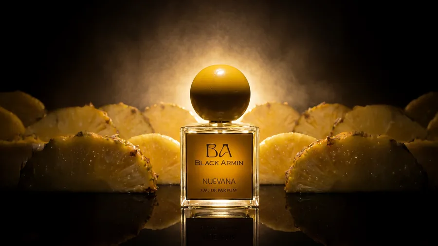 Nuevana bottle in low amber light
