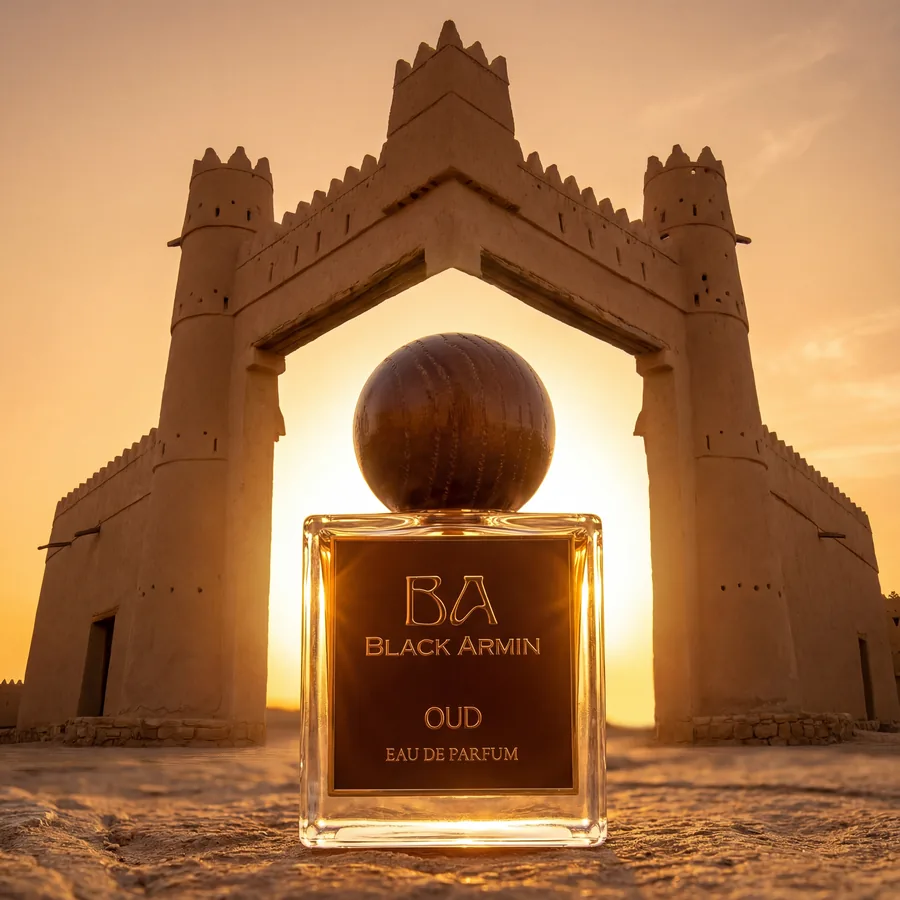 Oud bottle on agarwood at sunset