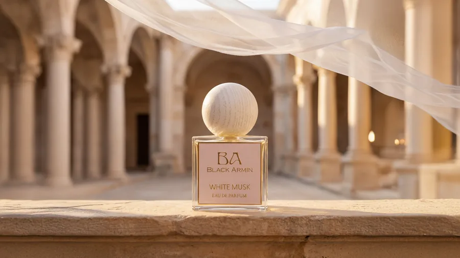 White Musk bottle in a limestone colonnade