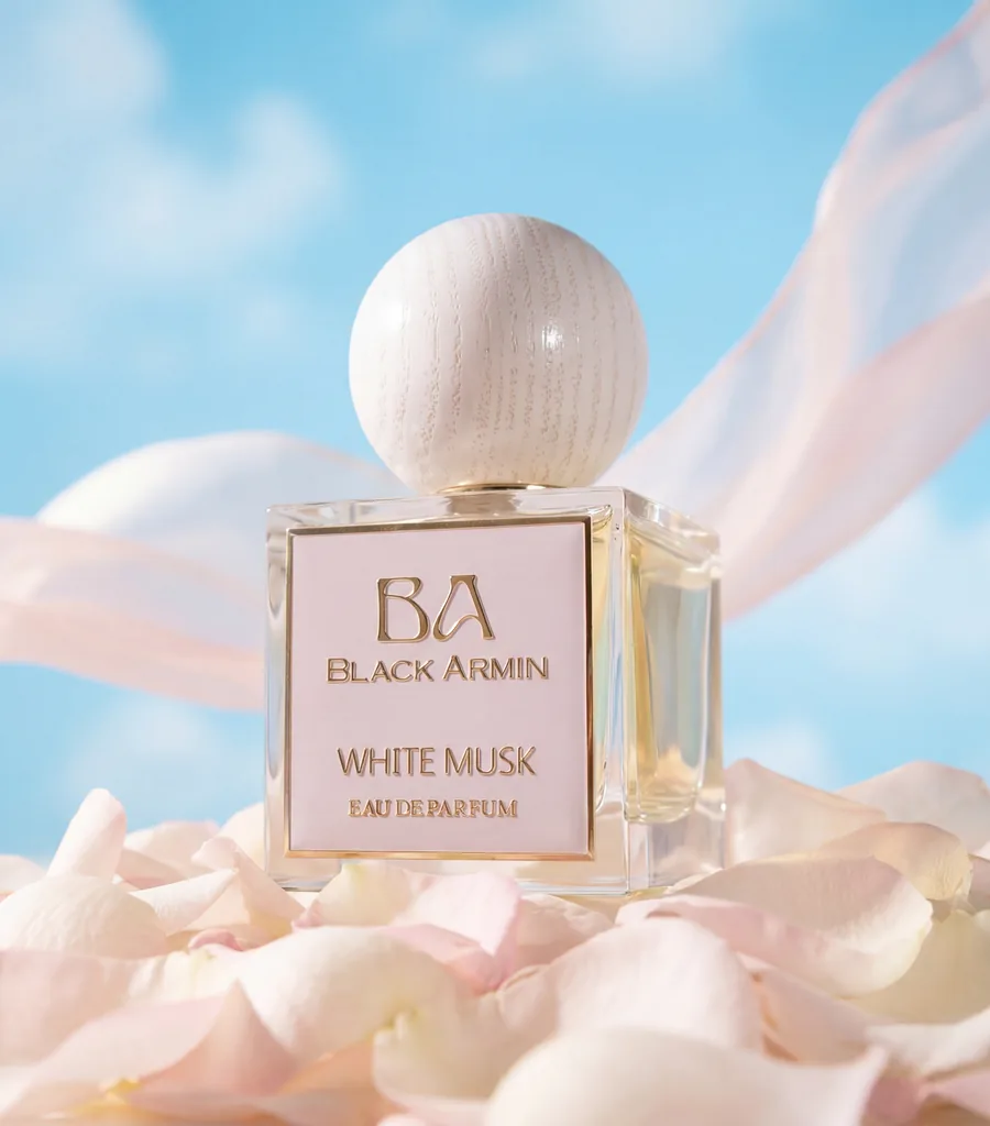 White Musk bottle on petals under blue sky