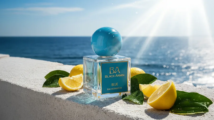 Blue bottle with lemons above bright sea