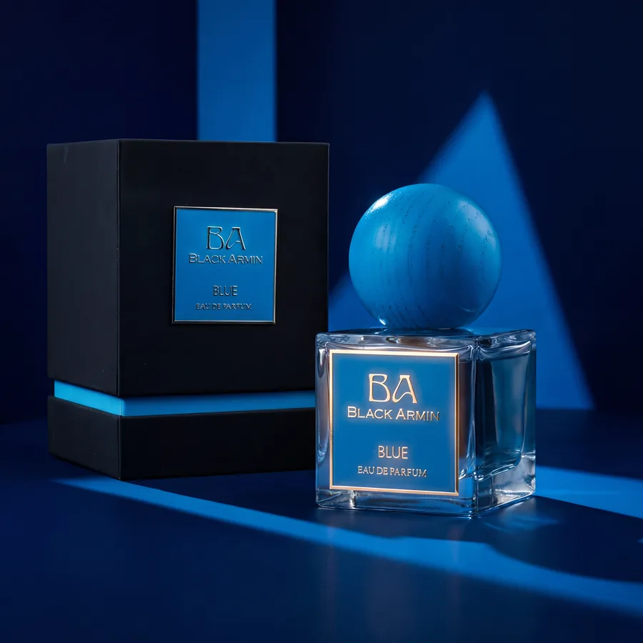 Blue bottle beside its outer carton