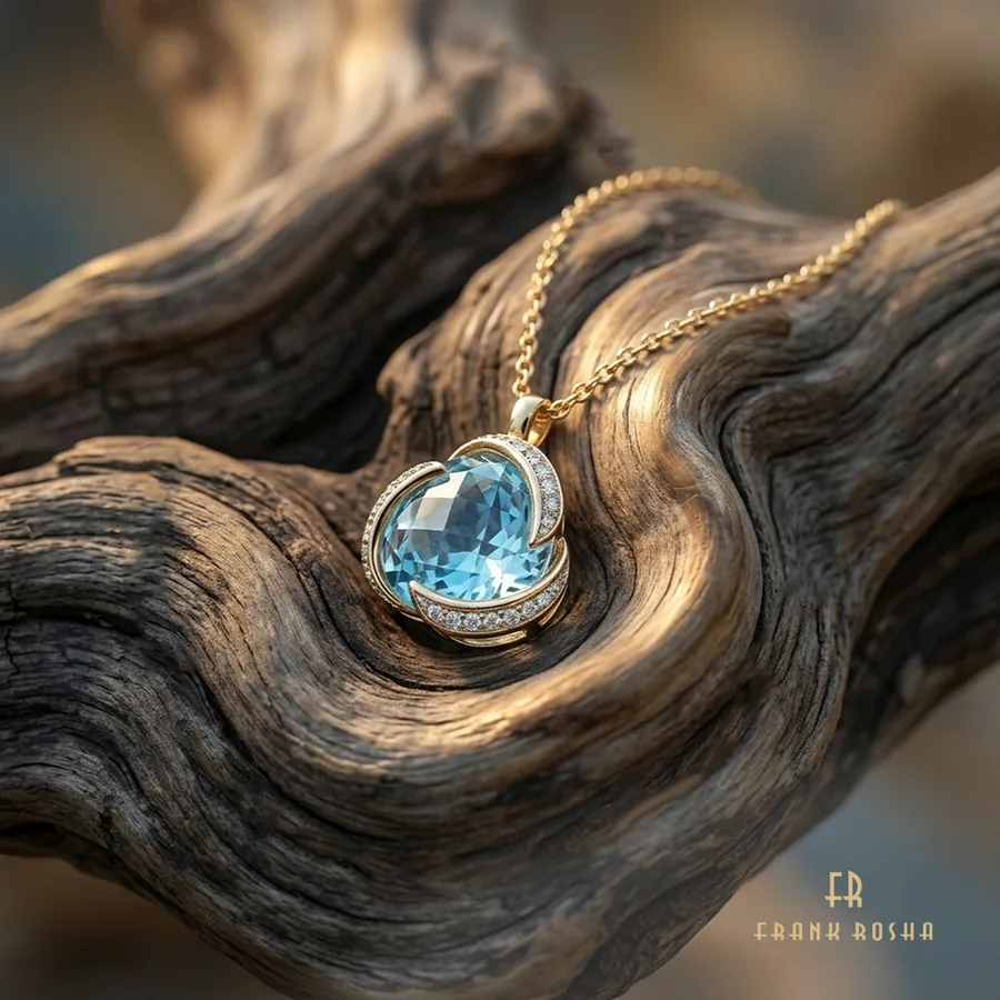 Aquamarine pendant styled on weathered driftwood