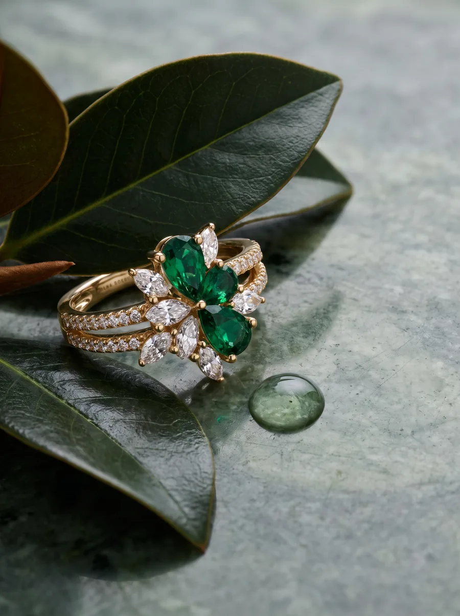 Emerald ring styled on a magnolia leaf