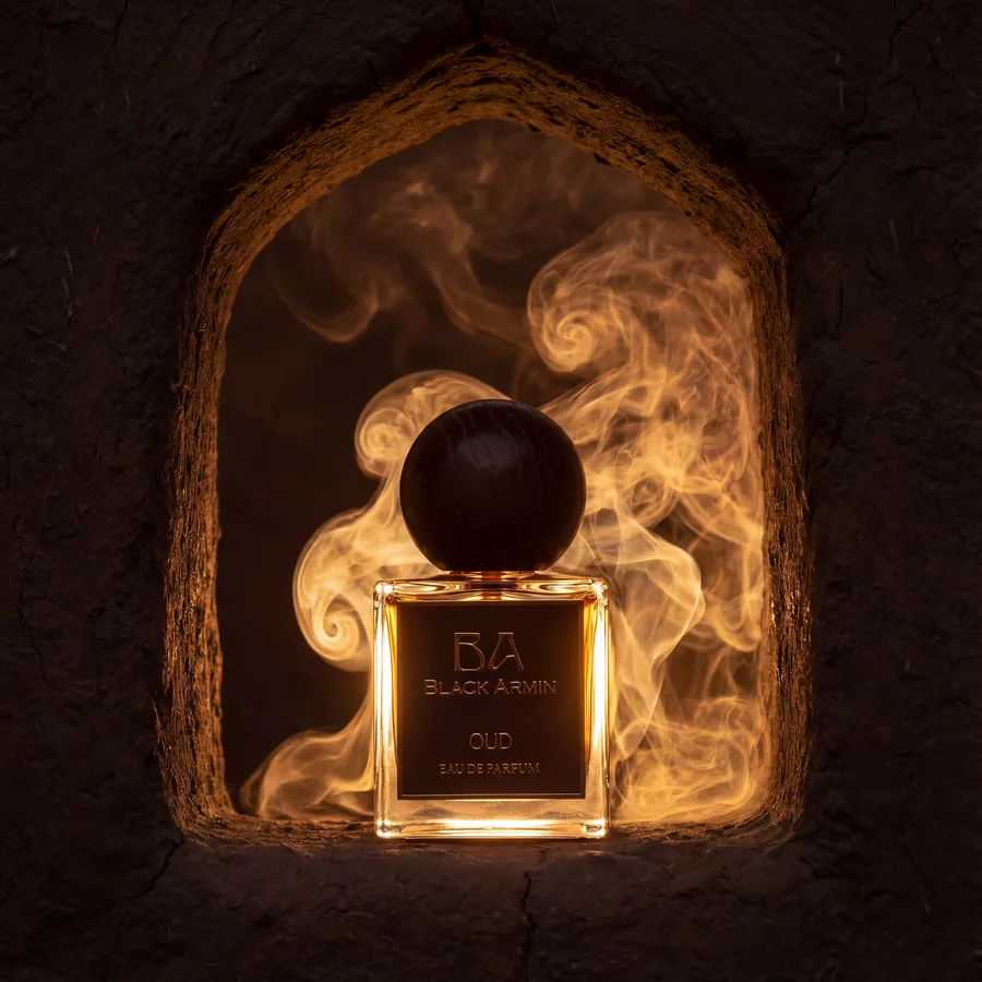 Oud bottle against desert fortress wall
