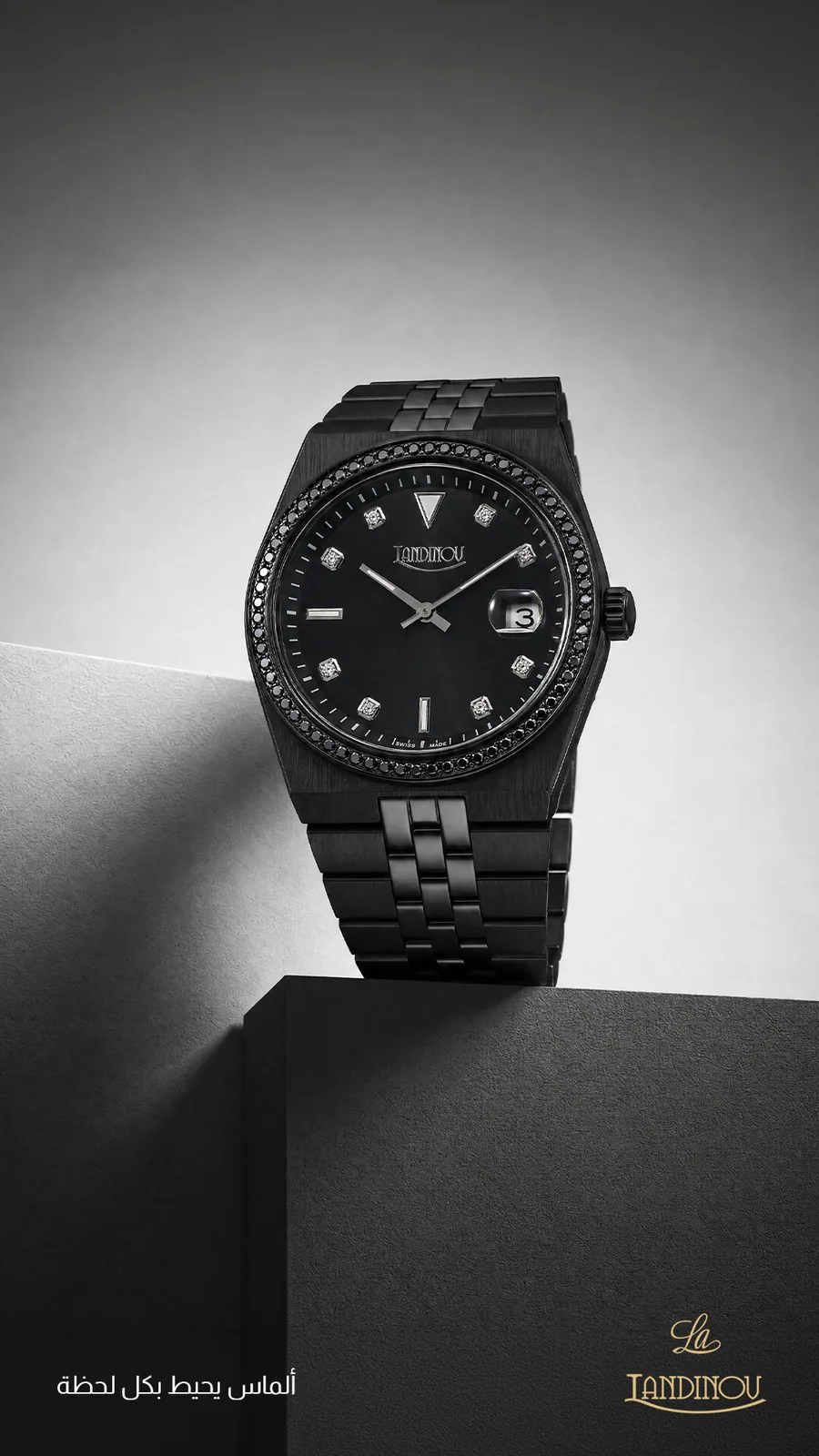 Landinou watch in a spotlit studio set